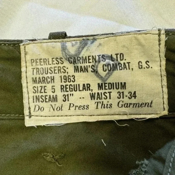 Peerless Vintage Combat  Military Trousers March 1963 Army Green Size 5 - Picture 5 of 9